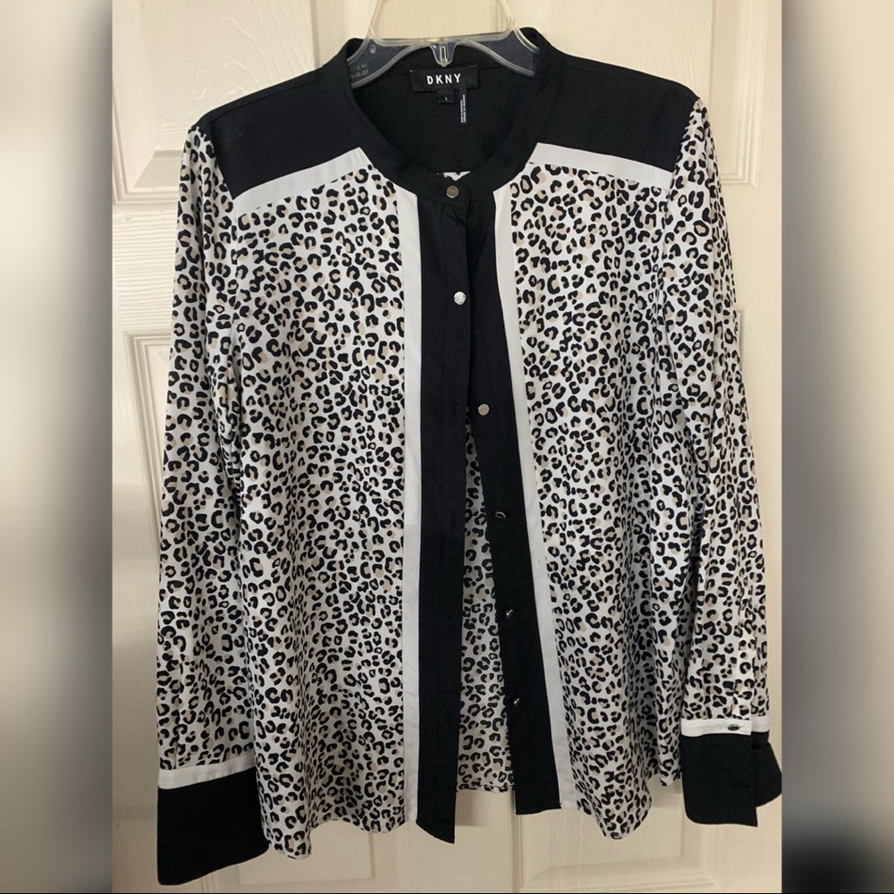 DKNY Womens Silk Blend Black & Leopard Print Button Down Blouse